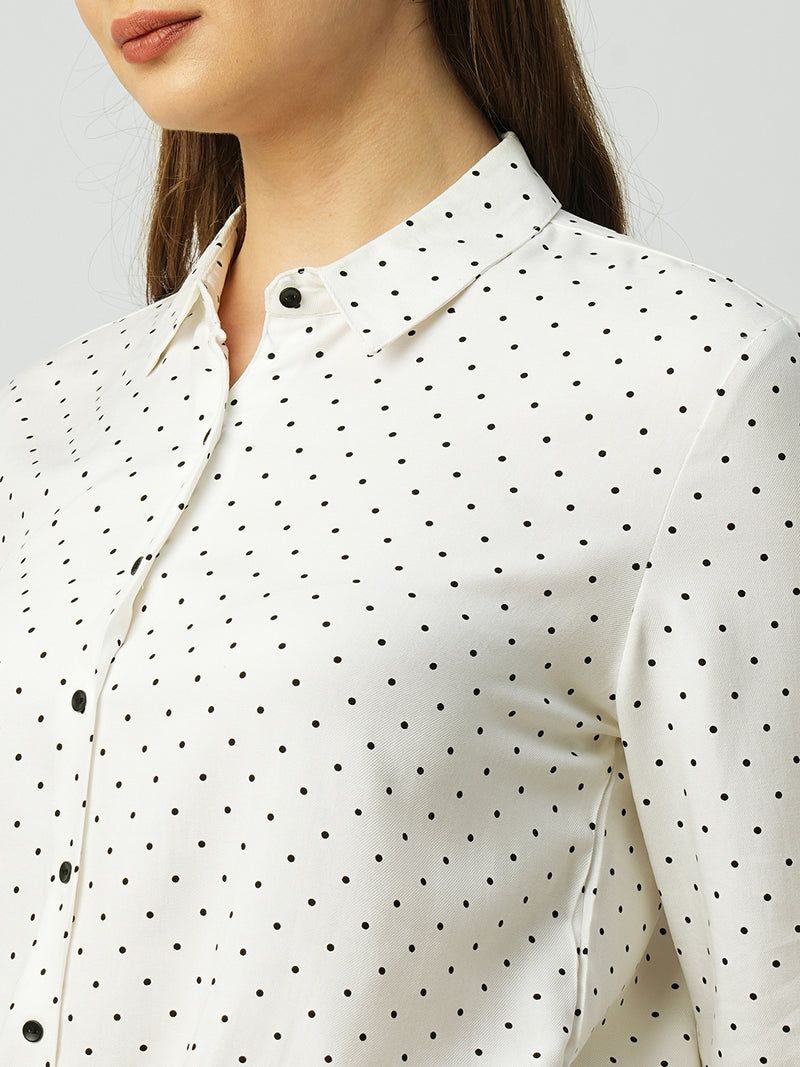 Women Off White Polka Dot Three-Quarter Sleeves Shirts