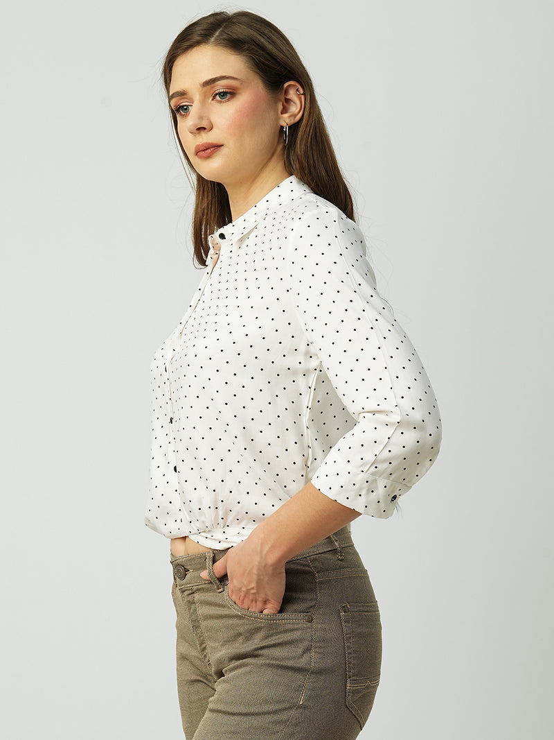 Women Off White Polka Dot Three-Quarter Sleeves Shirts