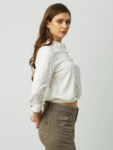 Women Off White Polka Dot Three-Quarter Sleeves Shirts