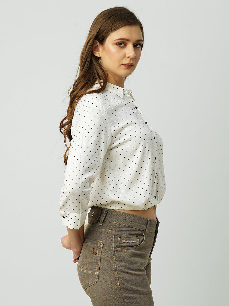 Women Off White Polka Dot Three-Quarter Sleeves Shirts