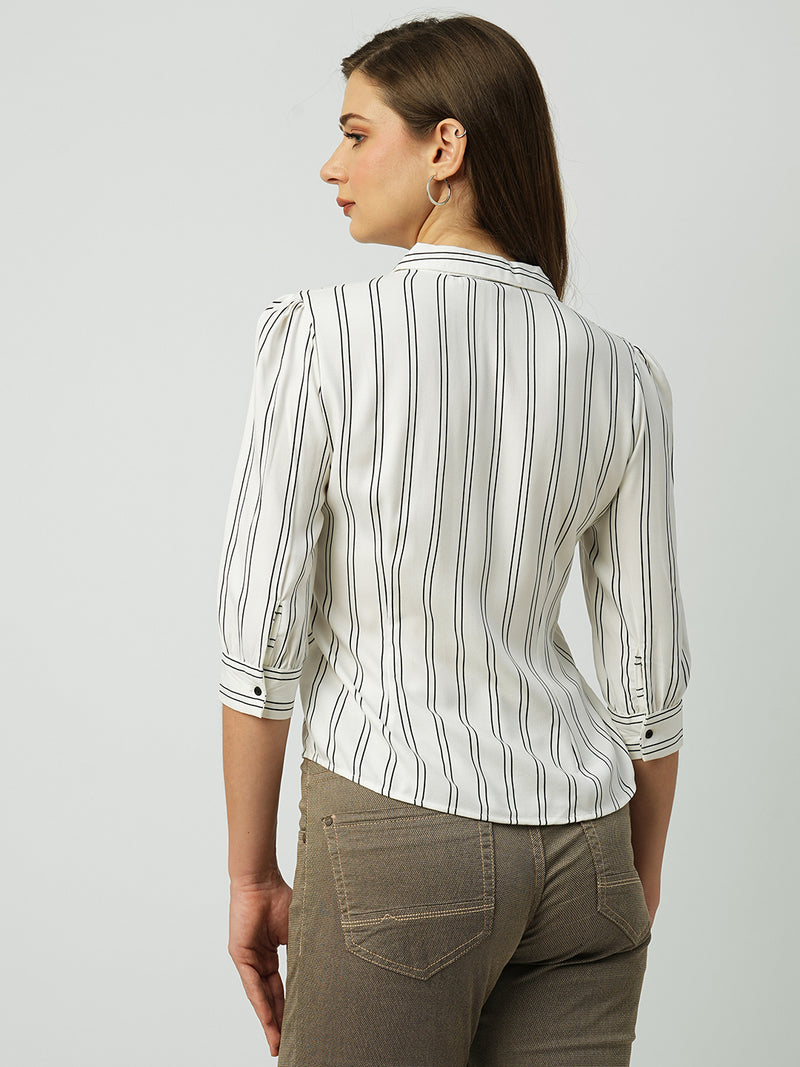 Women White & Black Striped Three-Quarter Sleeves Shirts