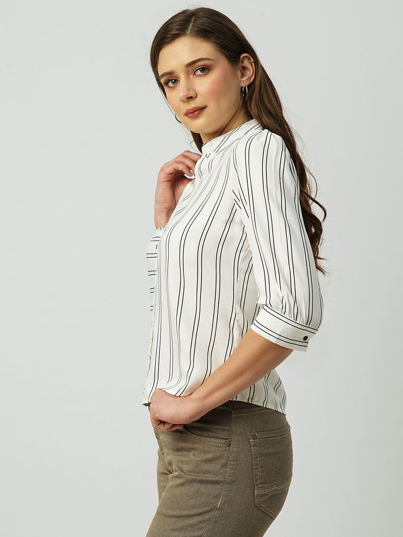 Women White & Black Striped Three-Quarter Sleeves Shirts