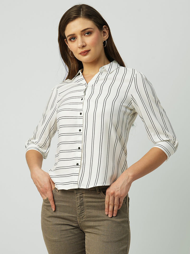 Women White & Black Striped Three-Quarter Sleeves Shirts