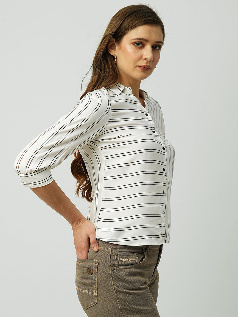 Women White & Black Striped Three-Quarter Sleeves Shirts