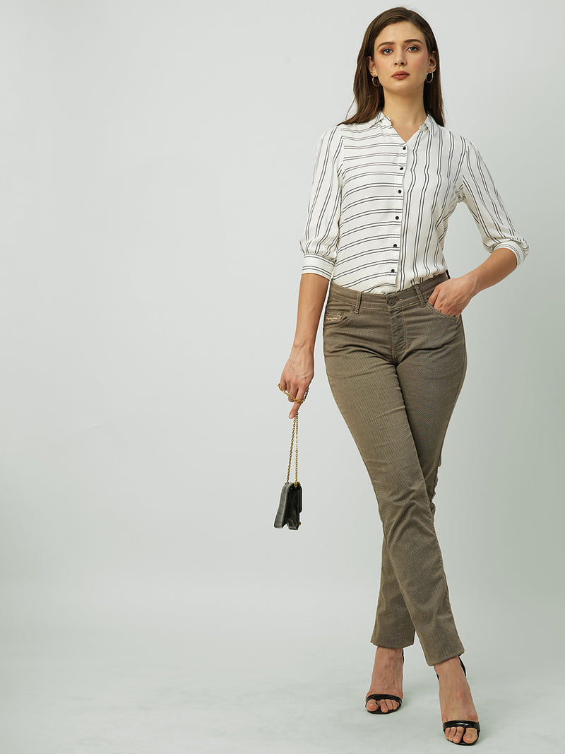 Women White & Black Striped Three-Quarter Sleeves Shirts