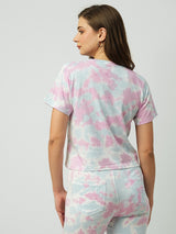 Women Blue & Pink Tie & Dye Short Sleeves T-Shirts