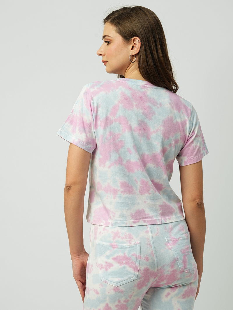 Women Blue & Pink Tie & Dye Short Sleeves T-Shirts