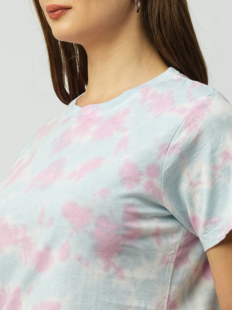 Women Blue & Pink Tie & Dye Short Sleeves T-Shirts