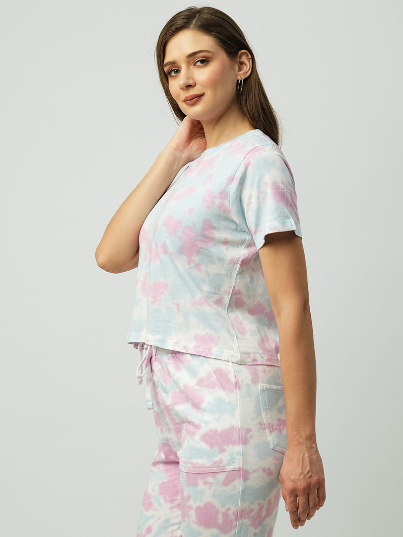 Women Blue & Pink Tie & Dye Short Sleeves T-Shirts