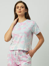 Women Blue & Pink Tie & Dye Short Sleeves T-Shirts