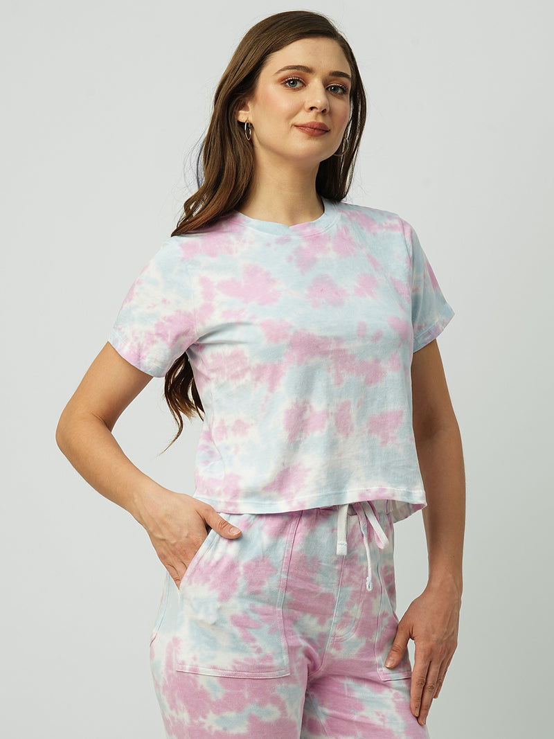 Women Blue & Pink Tie & Dye Short Sleeves T-Shirts