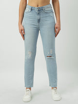 Women Mid Blue High Rise Slim Straight Fit Jeans