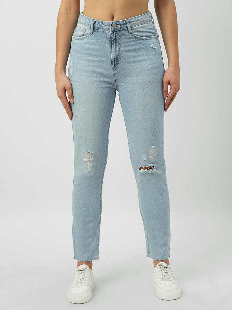 Women Mid Blue High Rise Slim Straight Fit Jeans