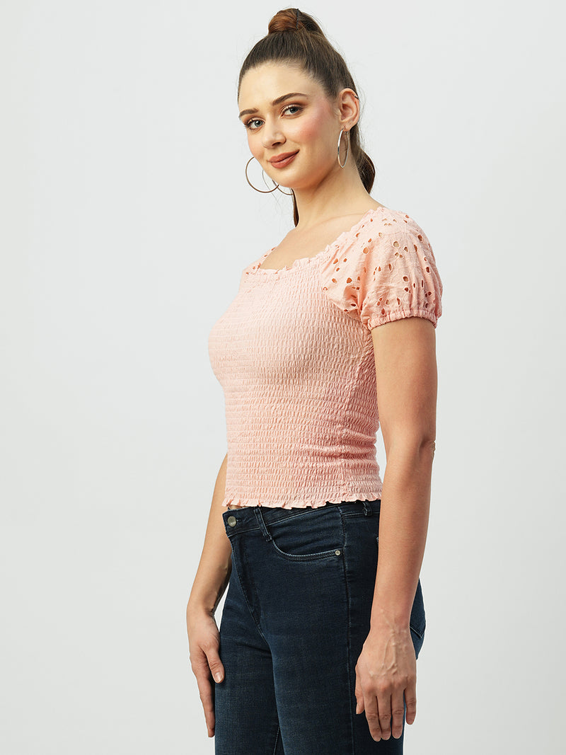 Women Bubblegum Pink Solid Short Sleeves Tops