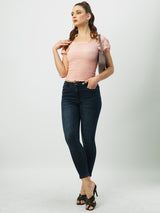 Women Bubblegum Pink Solid Short Sleeves Tops