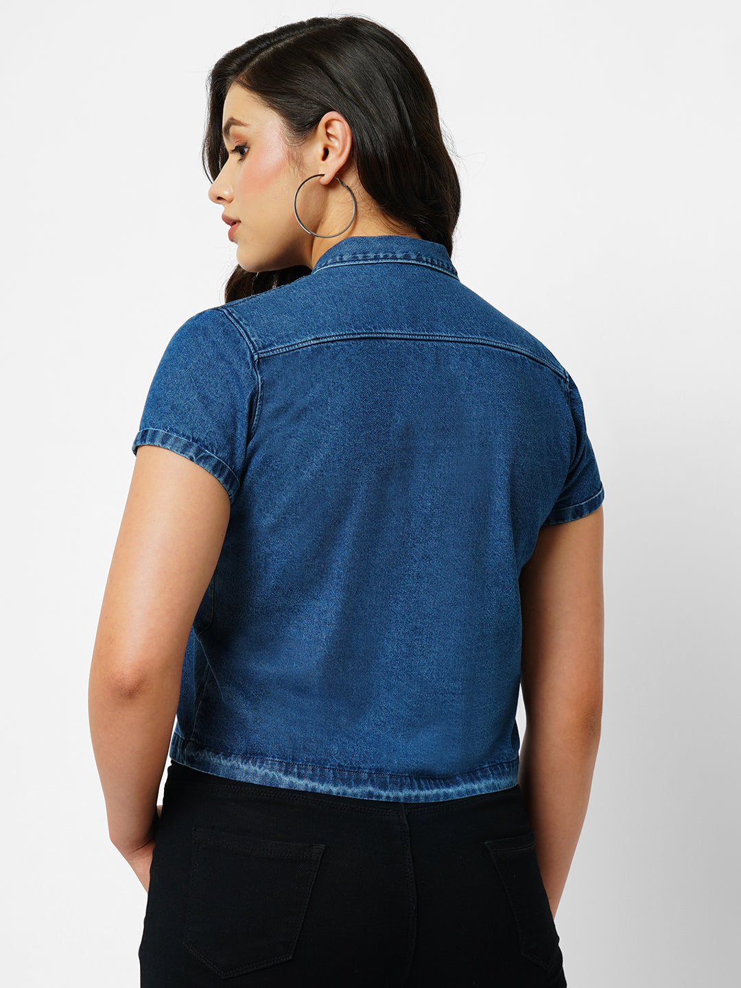 Women Dark Blue Crop Shirt