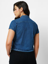 Women Dark Blue Solid Short Sleeves Shirts