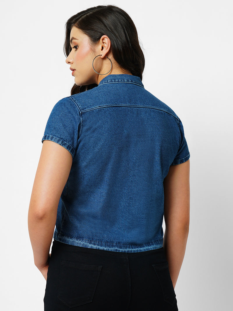 Women Dark Blue Solid Short Sleeves Shirts