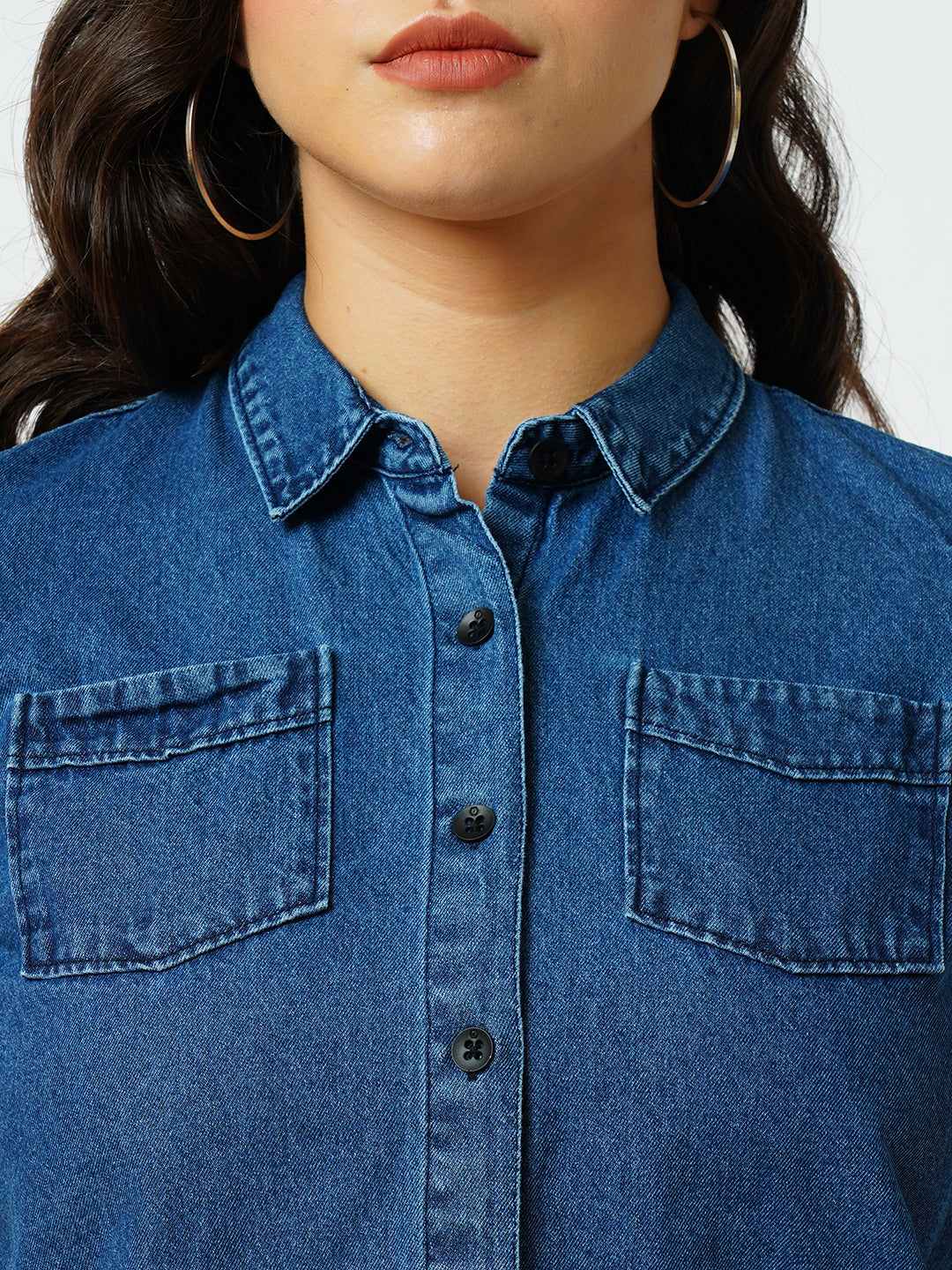 Women Dark Blue Crop Shirt