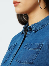 Women Dark Blue Solid Short Sleeves Shirts