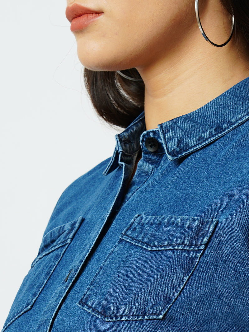 Women Dark Blue Solid Short Sleeves Shirts