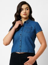 Women Dark Blue Solid Short Sleeves Shirts