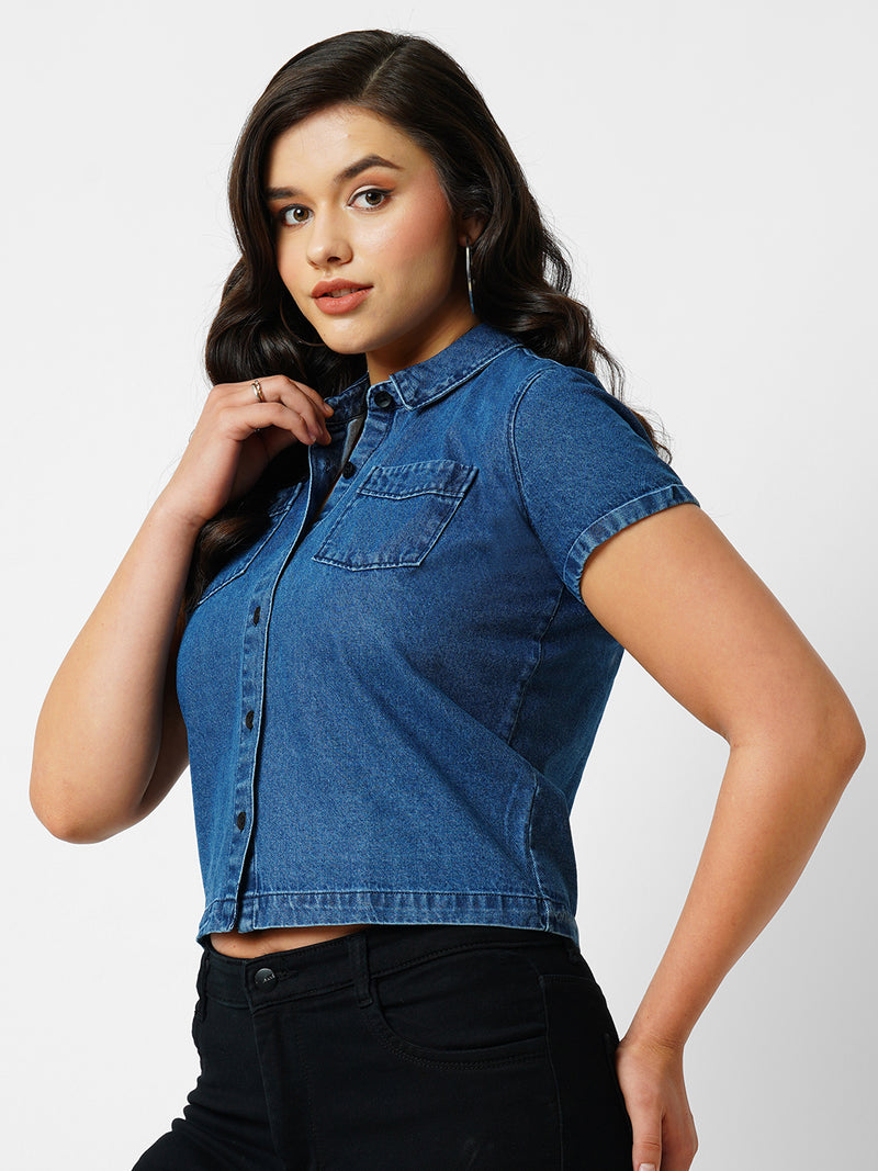 Women Dark Blue Solid Short Sleeves Shirts