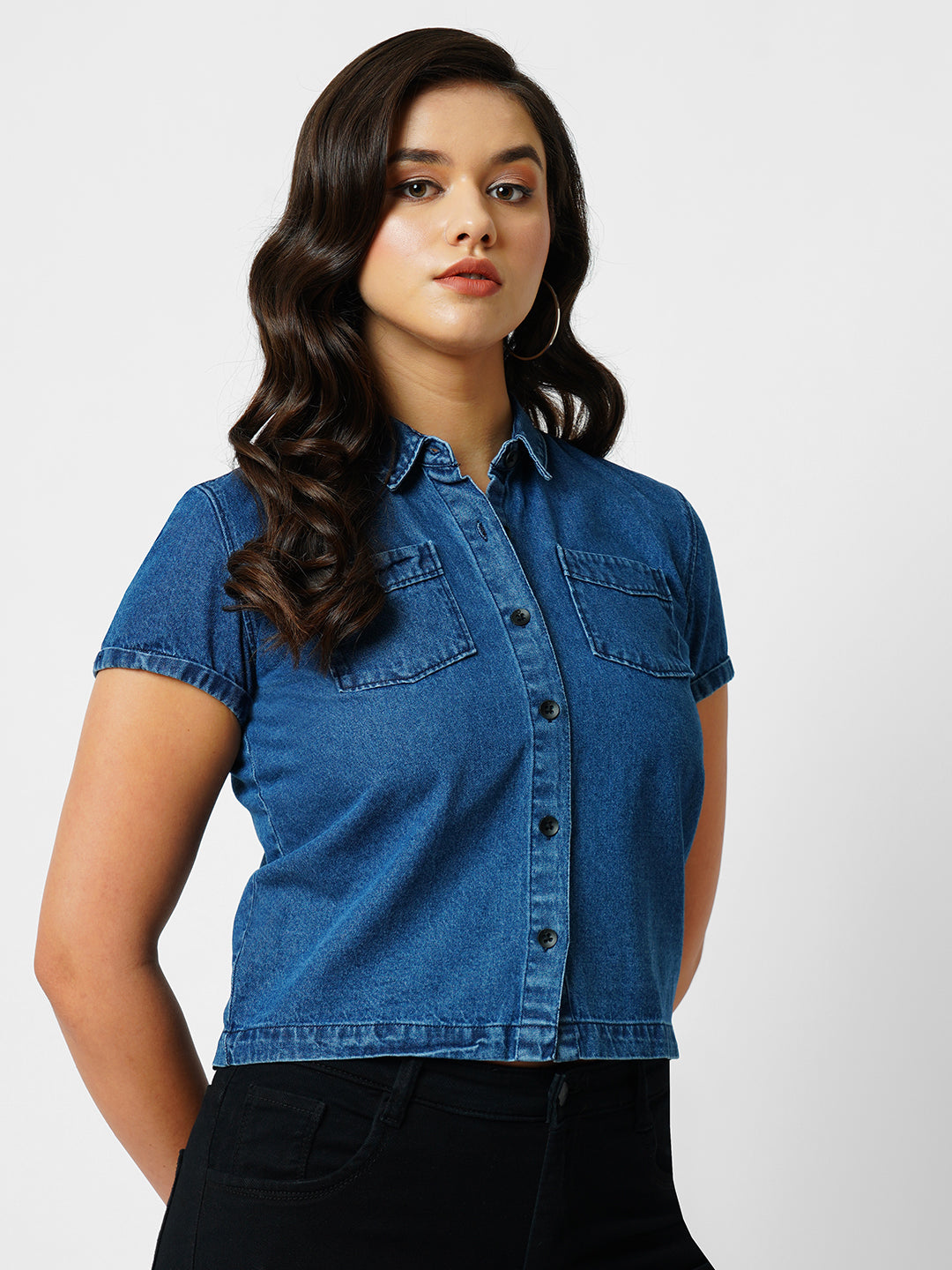Women Dark Blue Crop Shirt