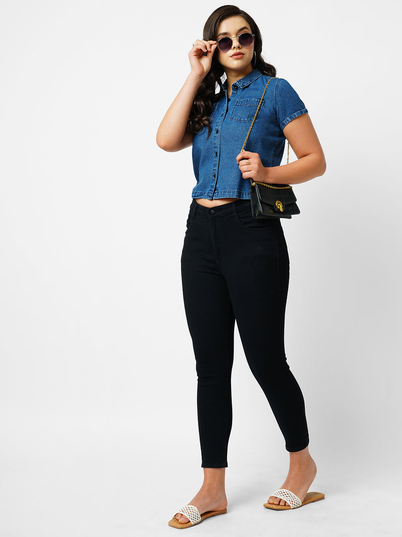 Women Dark Blue Solid Short Sleeves Shirts