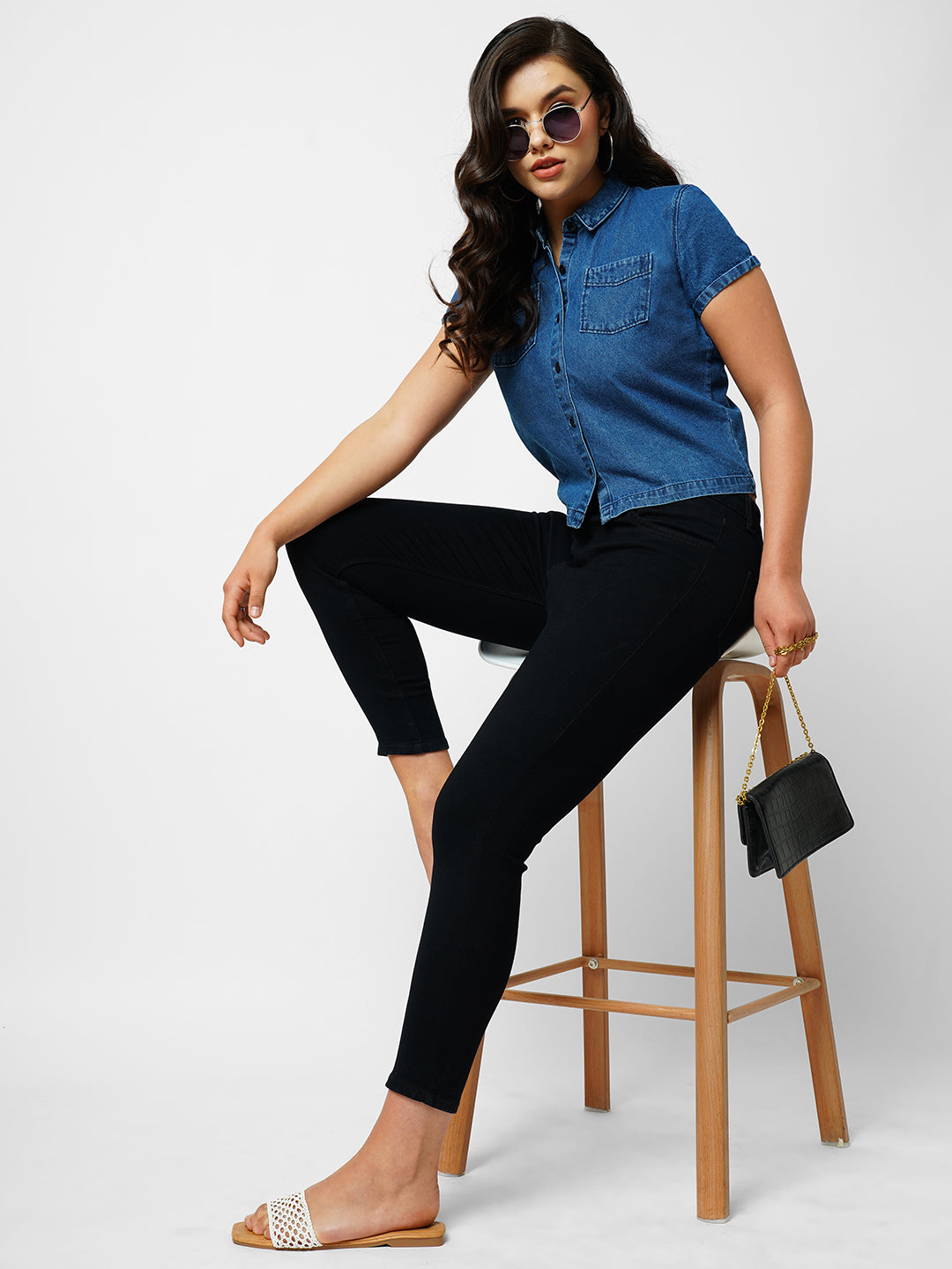 Women Dark Blue Crop Shirt