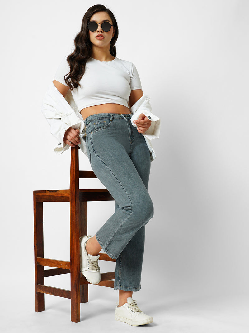 Women Grey High Rise Loose Straight