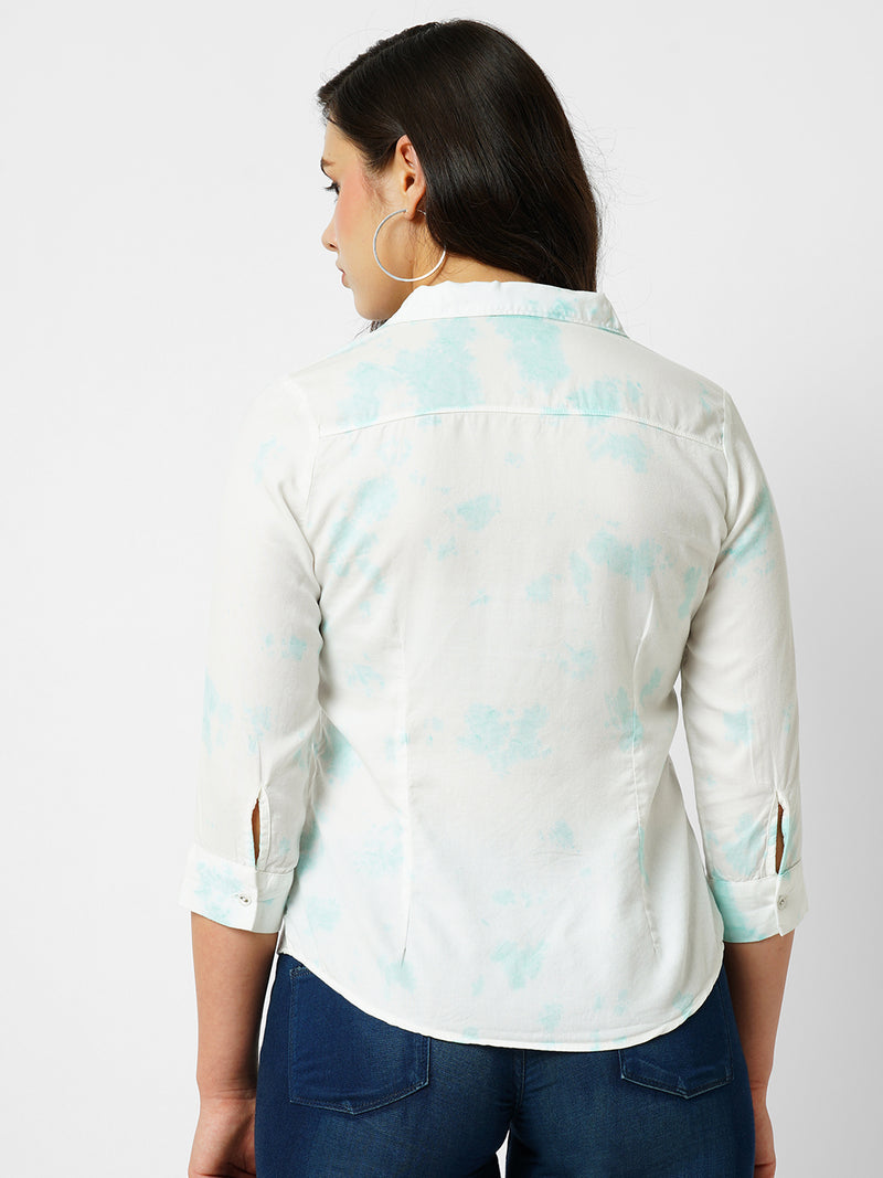 Women Aqua Tie&Dyed Three-Quarter Sleeves Shirts