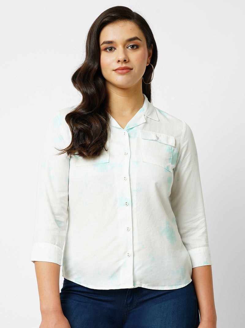 Women Aqua Tie&Dyed Three-Quarter Sleeves Shirts