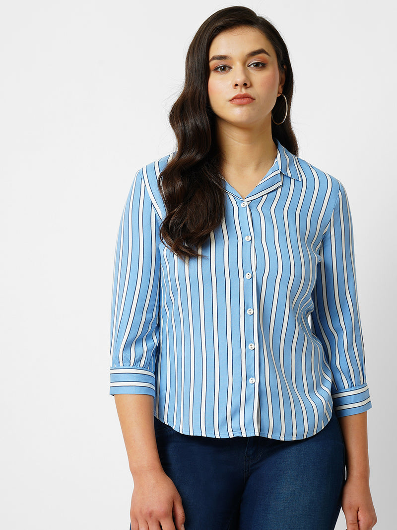 Women Blue & White Striped Three-Quarter Sleeves Shirts