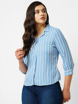 Women Blue & White Striped Three-Quarter Sleeves Shirts