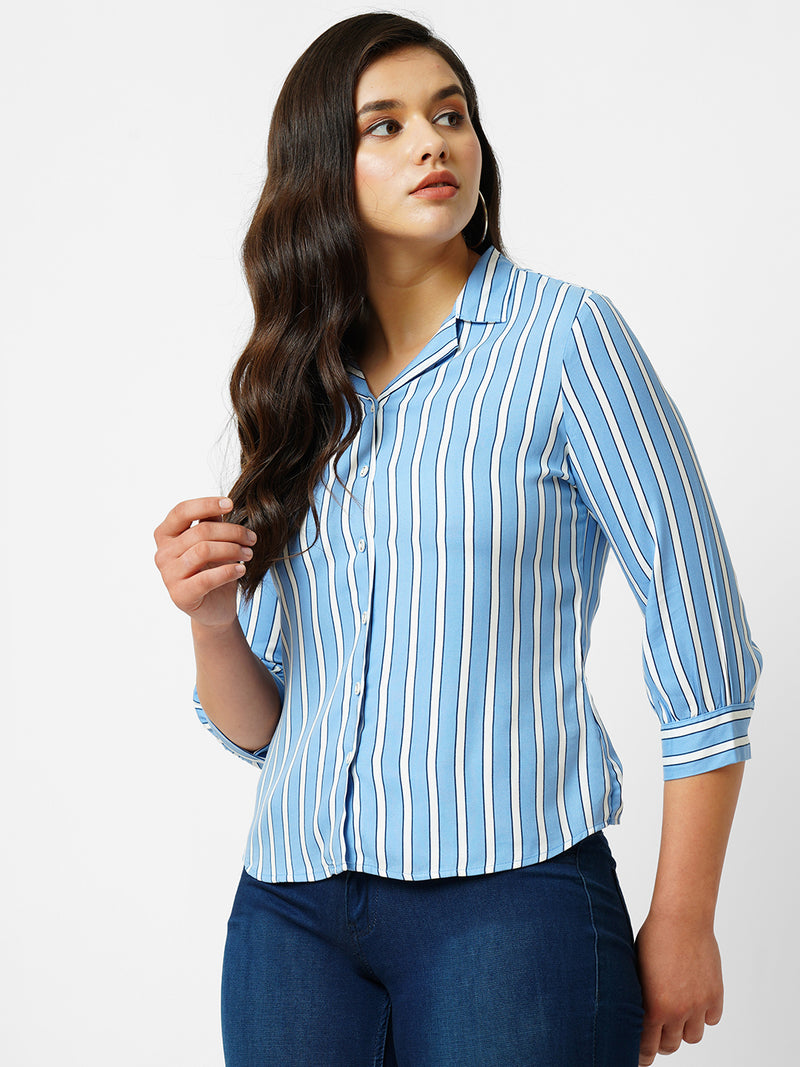 Women Blue & White Striped Three-Quarter Sleeves Shirts