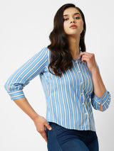 Women Blue & White Striped Three-Quarter Sleeves Shirts