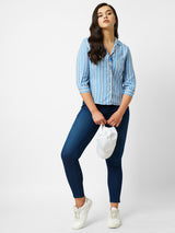 Women Blue & White Striped Three-Quarter Sleeves Shirts