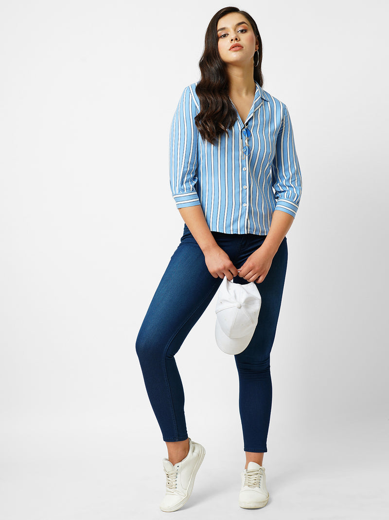 Women Blue & White Striped Three-Quarter Sleeves Shirts