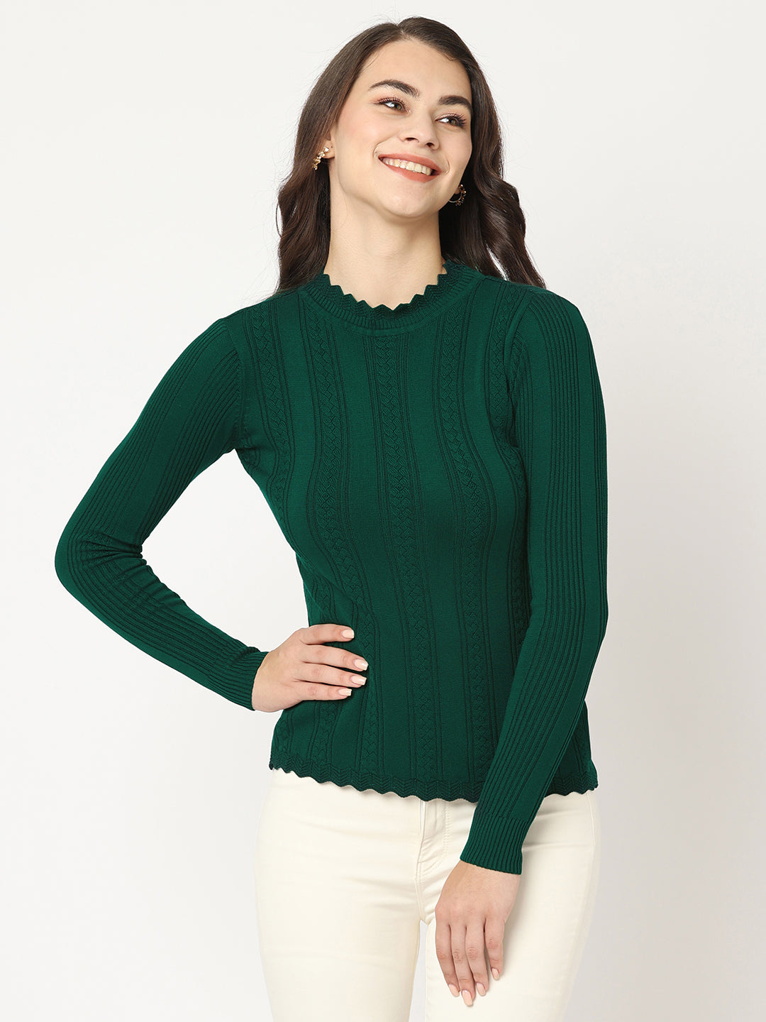 Women Slim Fit Emerald Green Ribbed Sweater