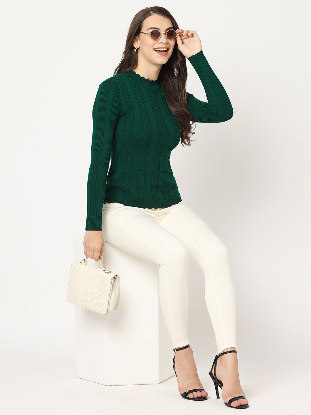 Women Slim Fit Emerald Green Ribbed Sweater