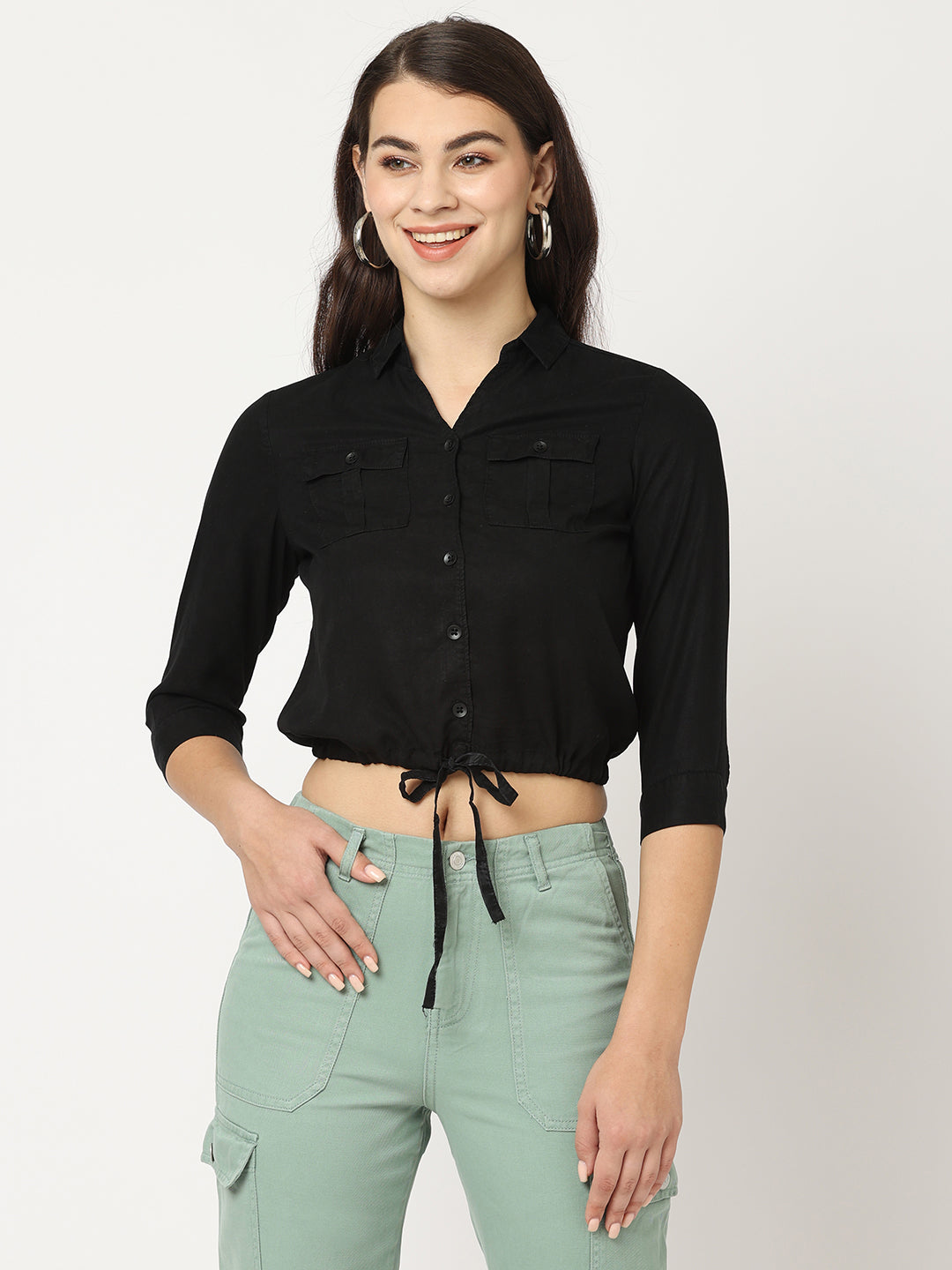 Women Black Crop Shirt
