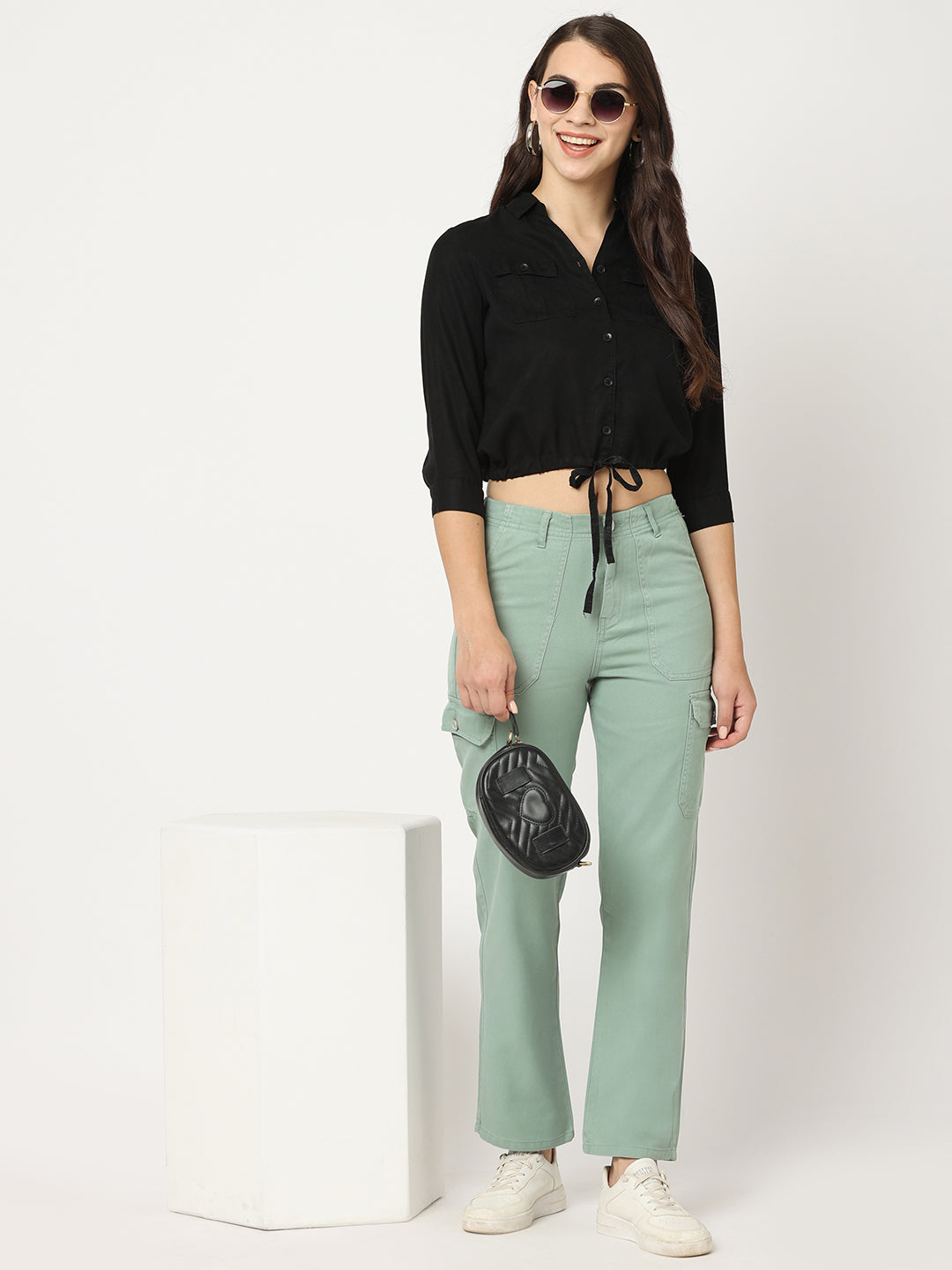 Women Black Crop Shirt