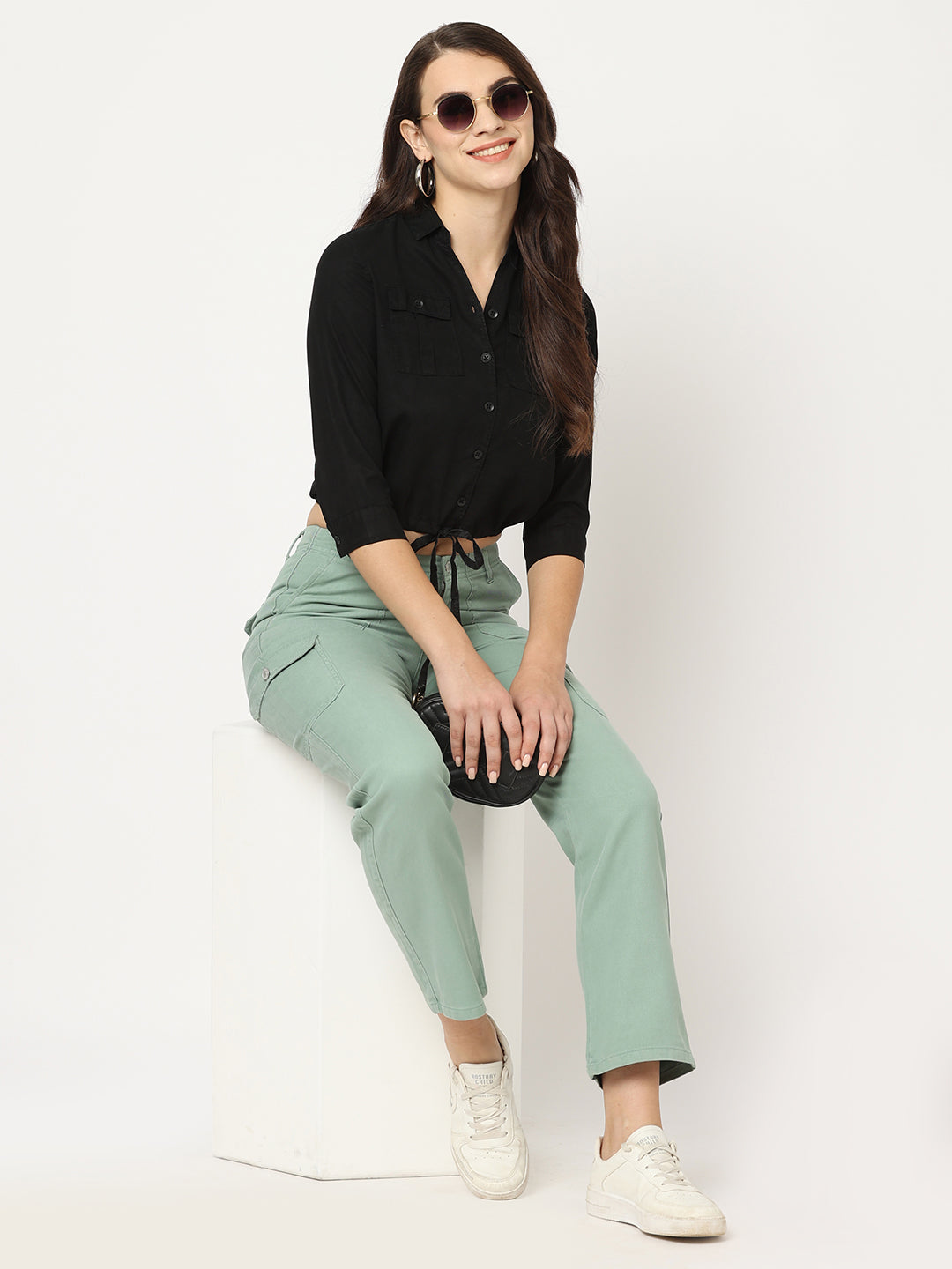 Women Black Crop Shirt