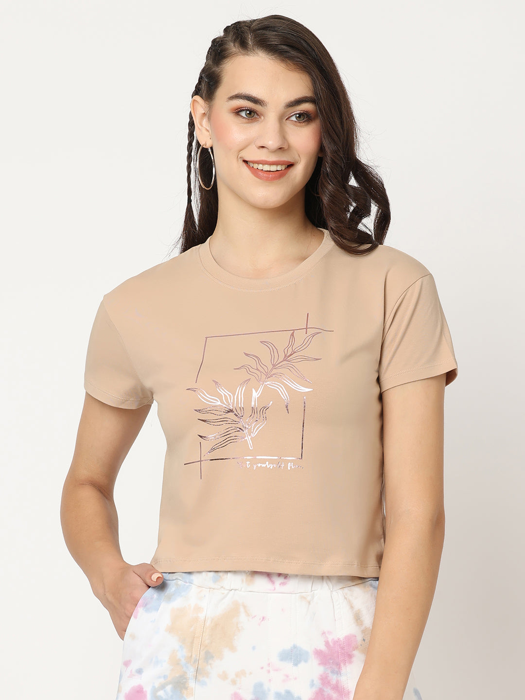 Women Slim Fit Beige Crop Chest Print T-Shirt