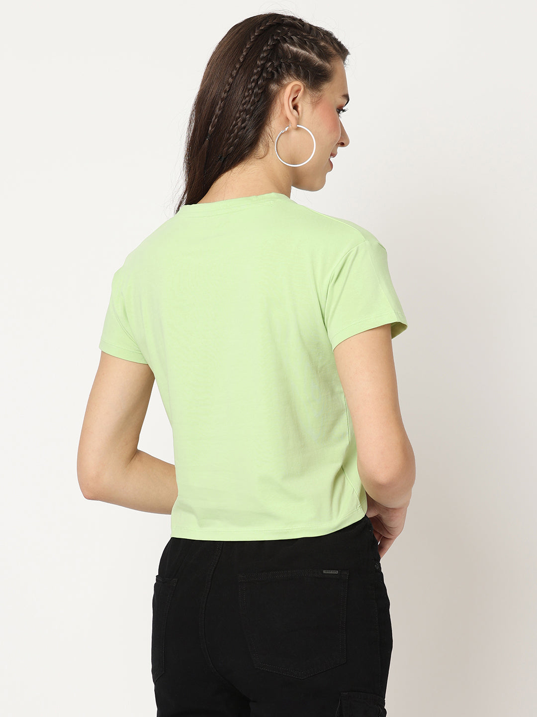 Women Slim Fit Leafy Crop Chest Print T-Shirt