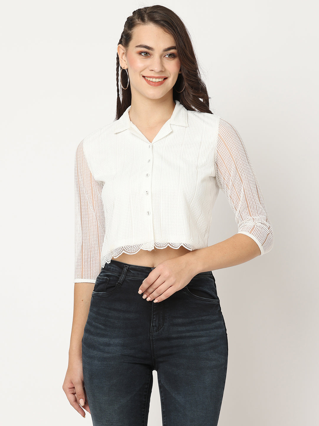 Women Slim Fit Off White Net Sleeves Crop Shirt