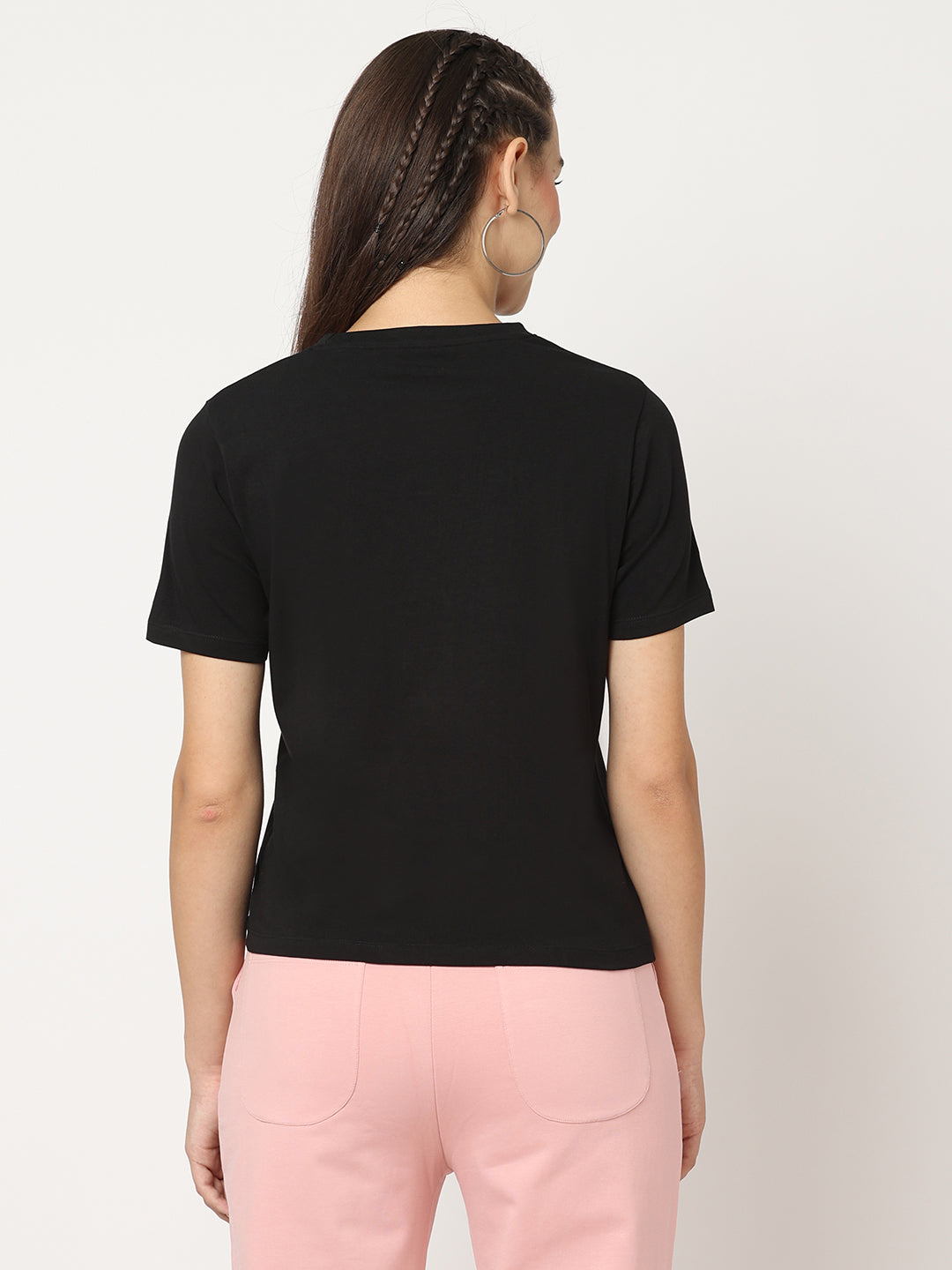 Women Slim Fit Black Boxy Chest Print T-Shirt