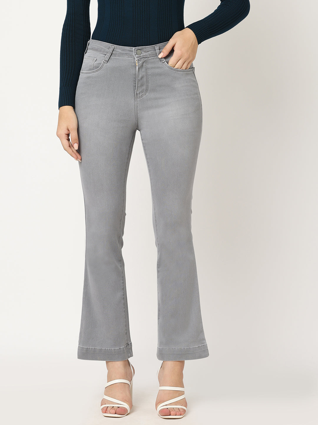 Women Grey High-Rise Flare Jeans