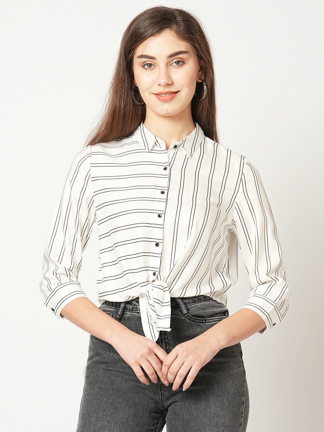 Women Stripes Spread Collar Crop Casual Shirt